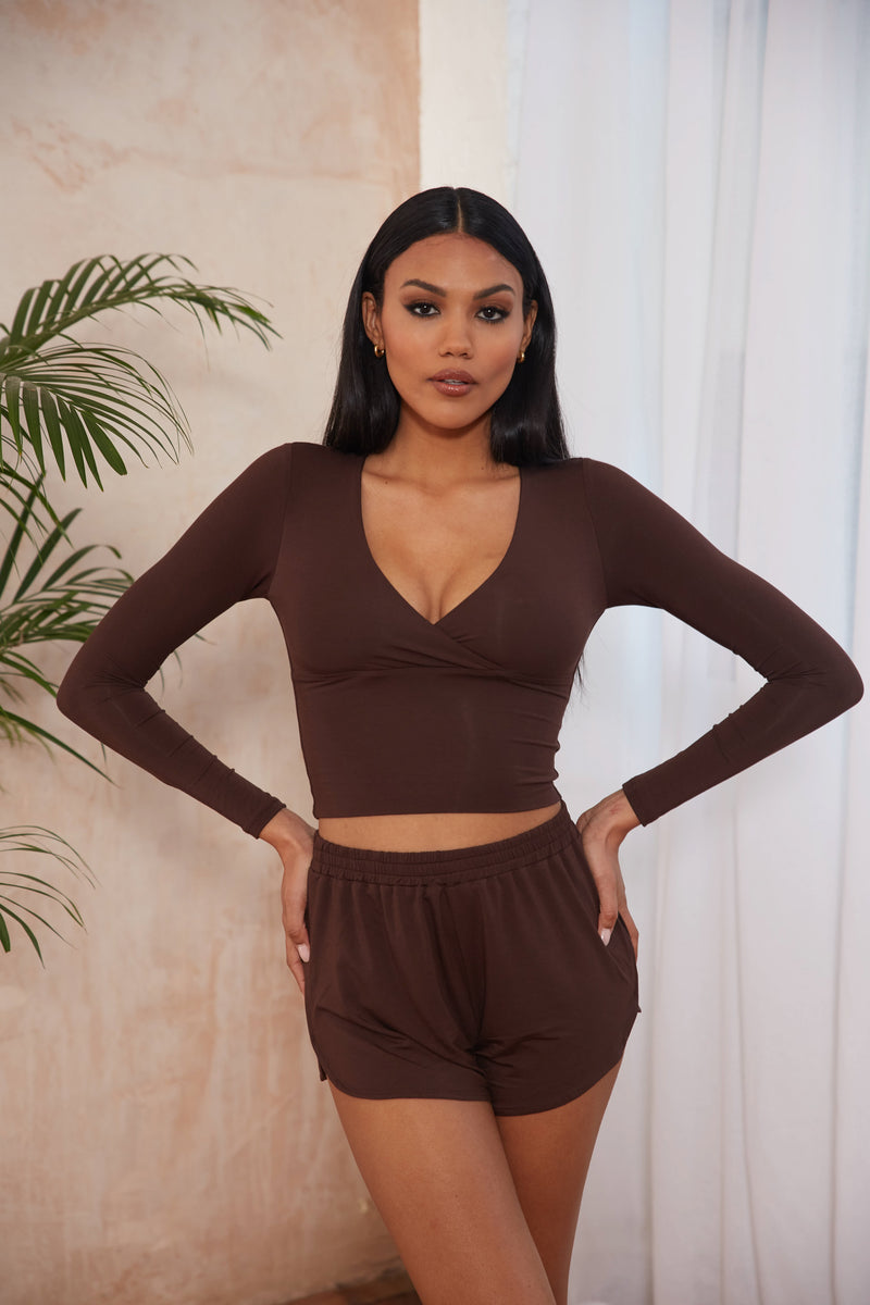 Model in Brown Bamboo Wrap Top long sleeves bust support